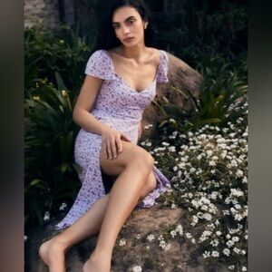 Reformation Baxley Dress in Muse Purple Floral Midi Short Sleeves